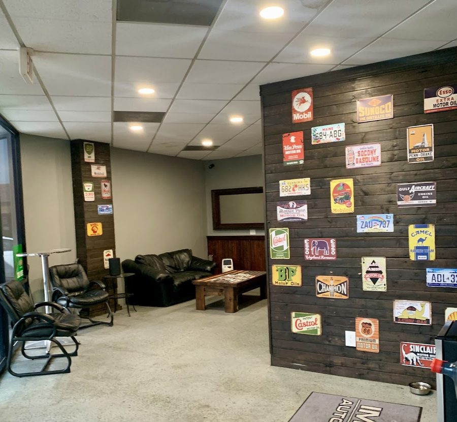 Customer waiting area with vintage signs